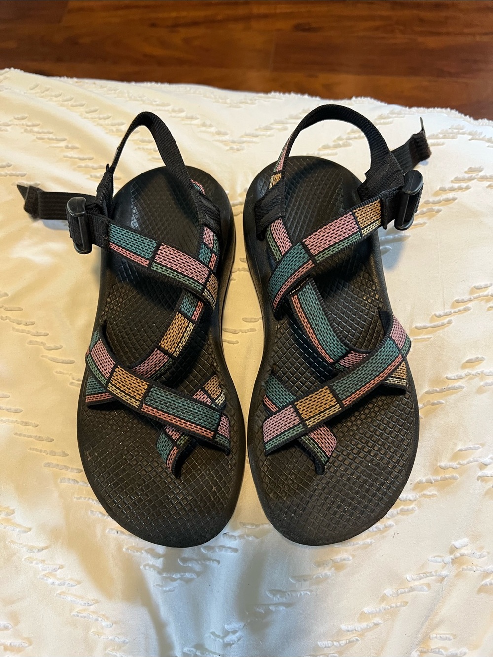 Chaco Women's Sport Sandals in Black with Pink, Teal, and Tan Straps